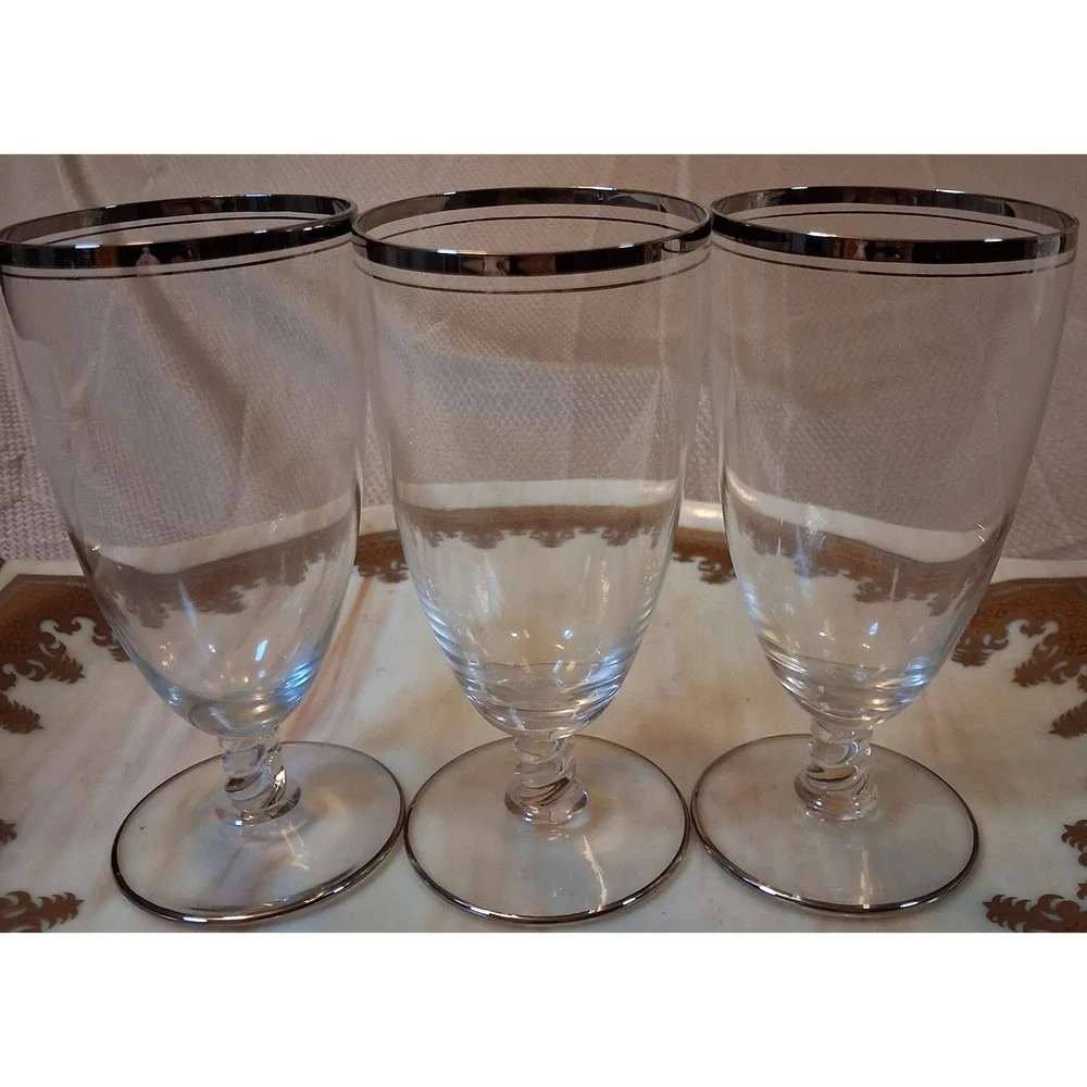 Vintage Silver Platinum Rim Footed Glasses Swirl Stem Water Goblets Set of 3
